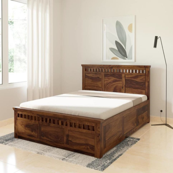 King Size Bed Sheesham Wood with Slatted Headboard & Storage Drawers (Carving King PT)