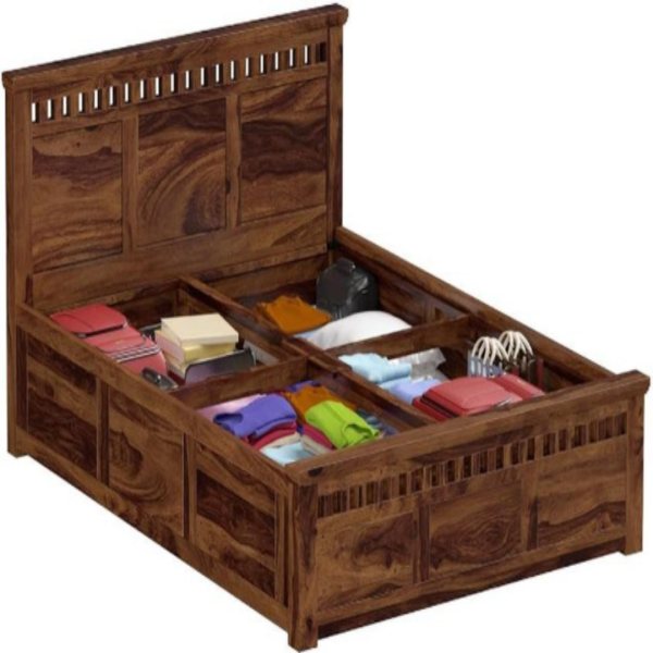 King Size Bed Sheesham Wood with Slatted Headboard & Storage Drawers (Carving King PT)