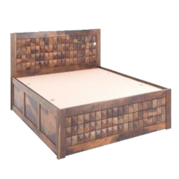 King Size Bed Sheesham Wood with Carved Panel Headboard & Storage (Diamond King Box)