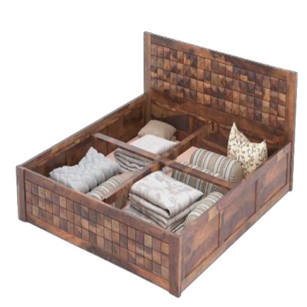 King Size Bed Sheesham Wood with Carved Panel Headboard & Storage (Diamond King Box)