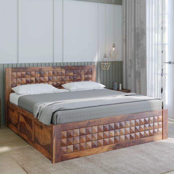 King Size Bed Sheesham Wood with Carved Panel Headboard & Storage (Diamond King Box)