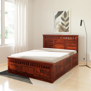 Queen Size Bed Sheesham with Storage & Slatted Headboard (Carving Queen Honey Color)