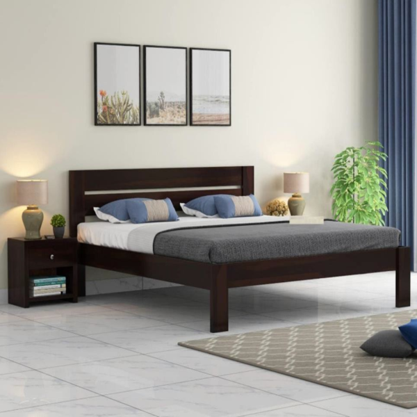 Queen Size Bed Sheesham Wood with Open Slat Headboard – Walnut Finish