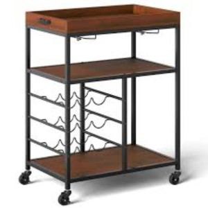 Bar Serving Cart 3 Tier Storage Kitchen Trolley Utility with Wine Rack & Glass Holder