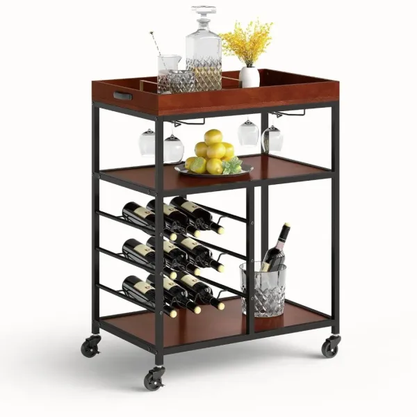 Bar Serving Cart 3 Tier Storage Kitchen Trolley Utility with Wine Rack & Glass Holder