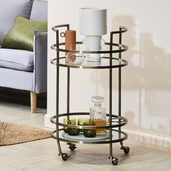 Bar Cart Serving Round Brass Finish 2-Tier Glass