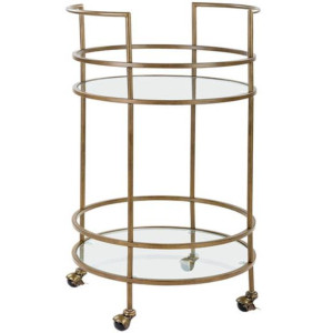 Bar Cart Serving Round Brass Finish 2-Tier Glass