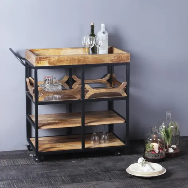 Bar Cart Serving Rustic Wood and Iron 3-Tier