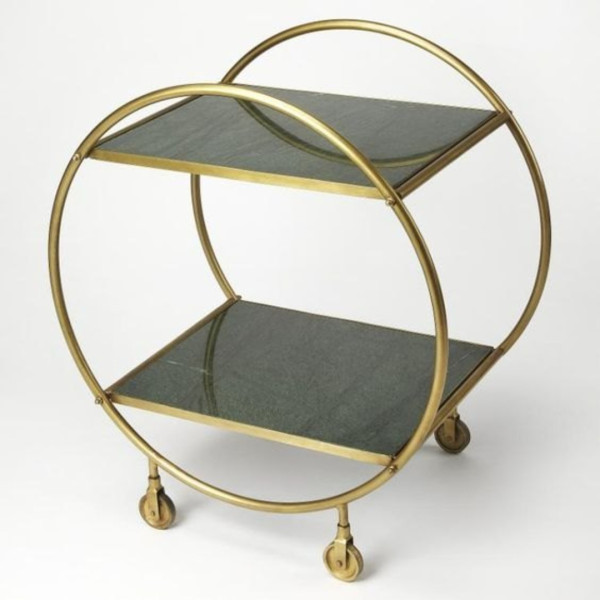 Bar Cart Serving Modern Gold Finish 2-Tier Round with Glass Shelves