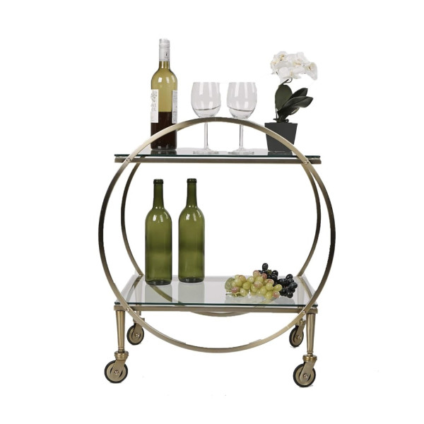 Bar Cart Serving Modern Gold Finish 2-Tier Round with Glass Shelves