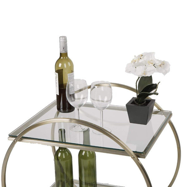 Bar Cart Serving Modern Gold Finish 2-Tier Round with Glass Shelves