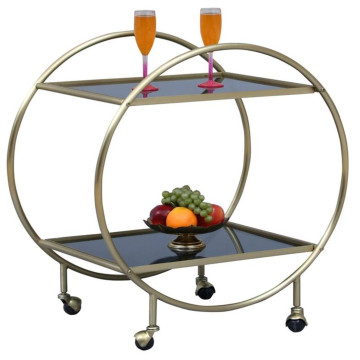 Bar Cart Serving Modern Gold Finish 2-Tier Round with Glass Shelves
