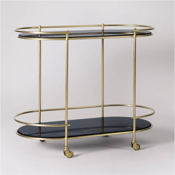 Bar Cart Serving Oval Black Marble and Gold Finish 2-Tier
