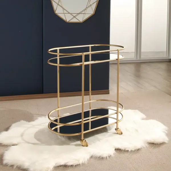 Bar Cart Serving Oval Black Marble and Gold Finish 2-Tier