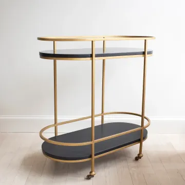 Bar Cart Serving Oval Black Marble and Gold Finish 2-Tier