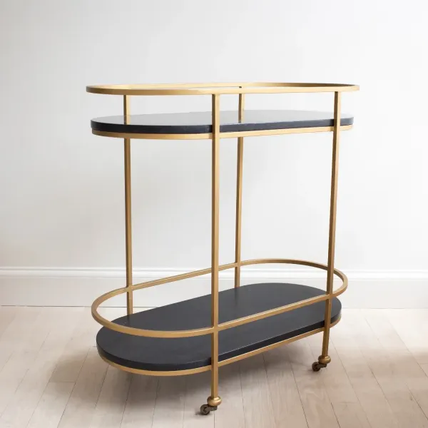 Bar Cart Serving Oval Black Marble and Gold Finish 2-Tier