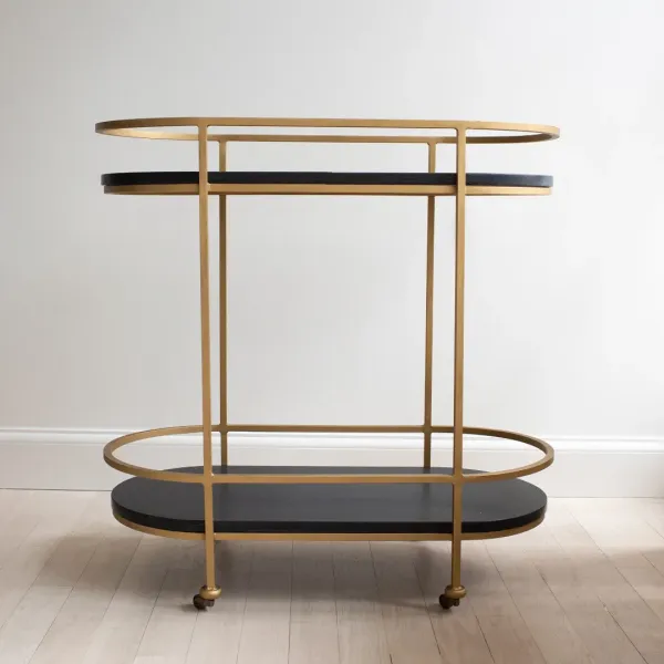Bar Cart Serving Oval Black Marble and Gold Finish 2-Tier