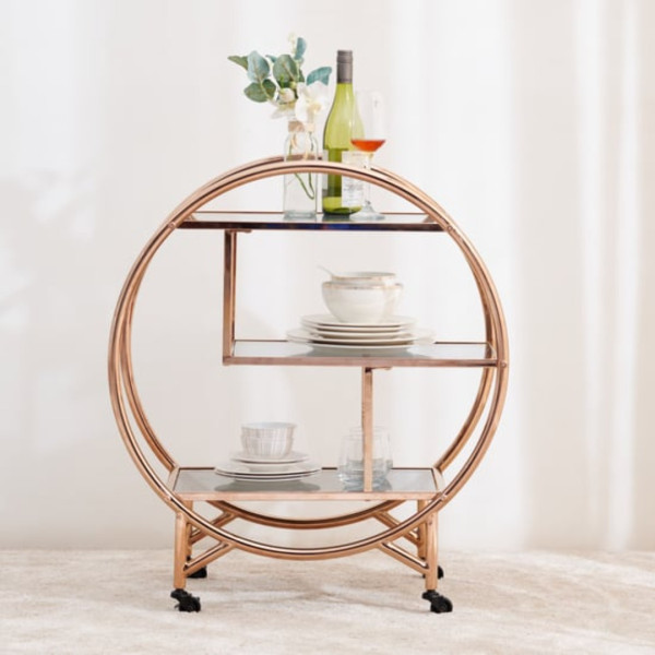 Bar Cart Serving Round 3-Tier Gold Finish with Mirrored Shelves