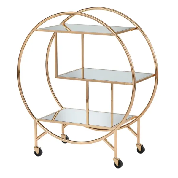 Bar Cart Serving Round 3-Tier Gold Finish with Mirrored Shelves
