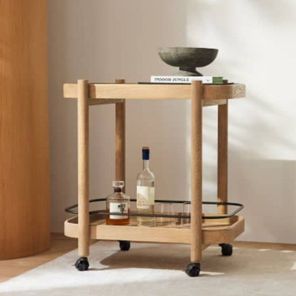 Bar Cart Serving Modern Light Wood 2-Tier with Black Accent