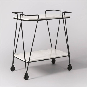 Bar Cart Serving Two-Tier Black Metal and White Marble-Effect