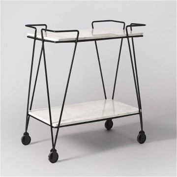 Bar Cart Serving Two-Tier Black Metal and White Marble-Effect