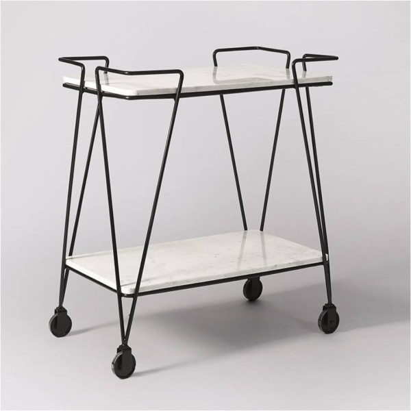Bar Cart Serving Two-Tier Black Metal and White Marble-Effect