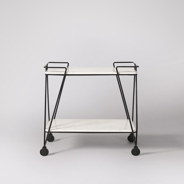 Bar Cart Serving Two-Tier Black Metal and White Marble-Effect