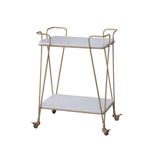 Bar Cart Serving Modern 2-Tier Rolling with White Marble-Effect Top and Gold Handle