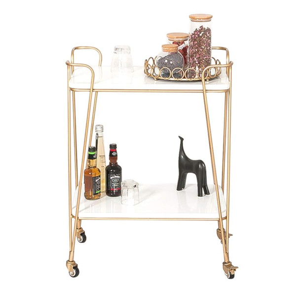 Bar Cart Serving Modern 2-Tier Rolling with White Marble-Effect Top and Gold Handle