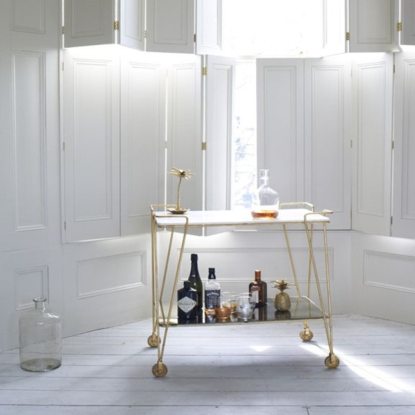 Bar Cart Serving Modern 2-Tier Rolling with White Marble-Effect Top and Gold Handle