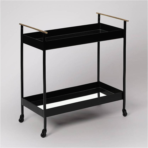 Bar Cart Serving Black Metal 2-Tier with Brass Handles