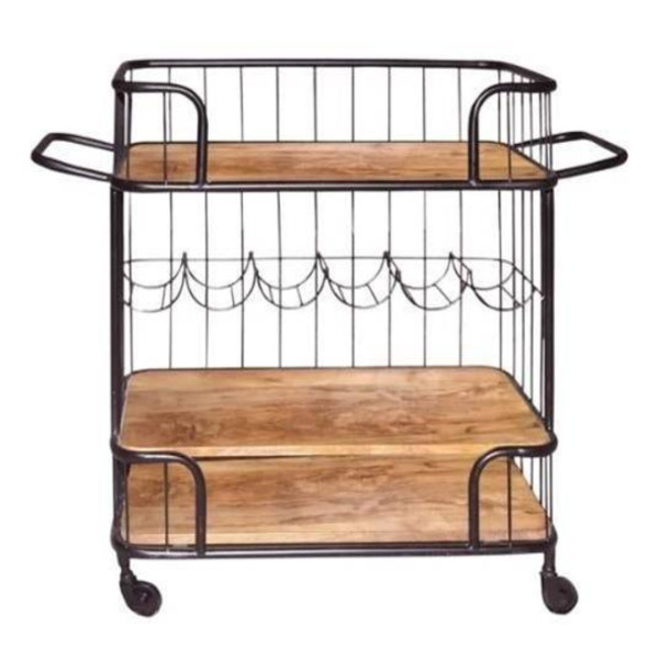 Bar Cart Serving Style Black Metal and Wood 3-Tier with Wine Rack