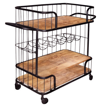 Bar Cart Serving Style Black Metal and Wood 3-Tier with Wine Rack