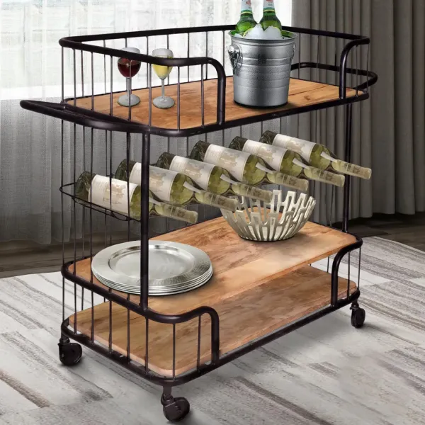 Bar Cart Serving Style Black Metal and Wood 3-Tier with Wine Rack