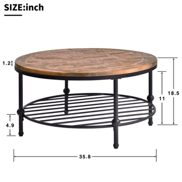 Coffee Table Industrial Round Wood and Metal with Shelf