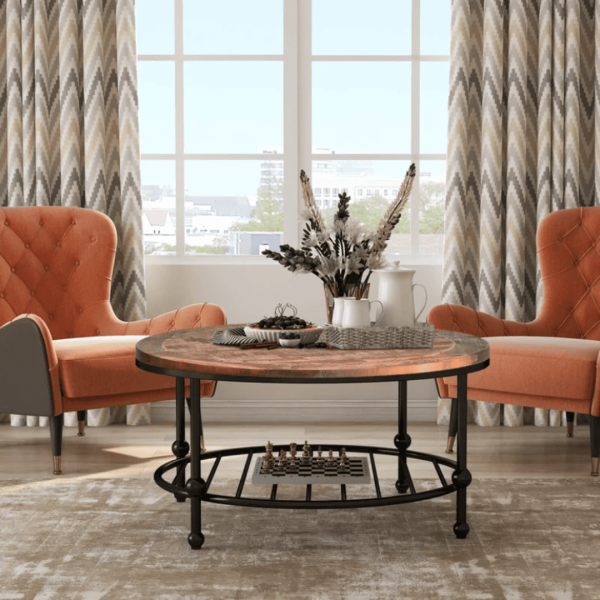Coffee Table Industrial Round Wood and Metal with Shelf