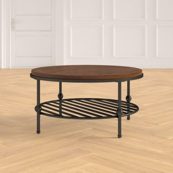 Coffee Table Industrial Round Wood and Metal with Shelf