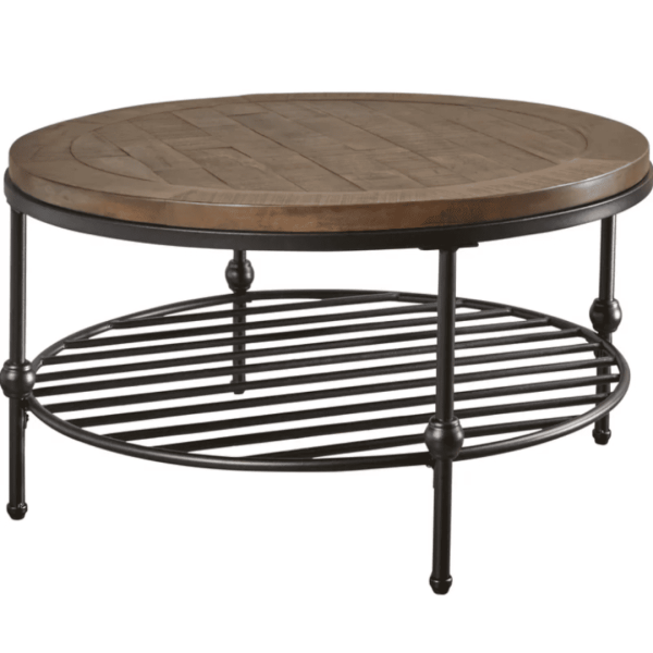 Coffee Table Industrial Round Wood and Metal with Shelf