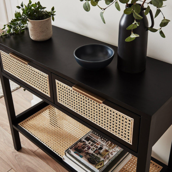 Console Table Black & Rattan Entryway Table