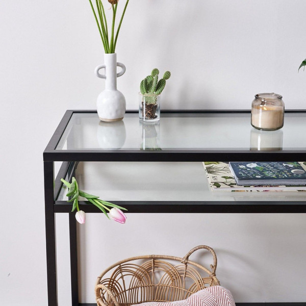 Console Table Leother Glass Top