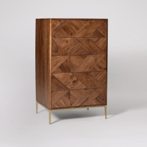 Chest of Drawer Wooden 5-Chest with Parquet Design & Brass Legs