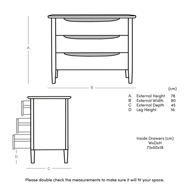 Chest of Drawer Wooden 3-Dresser with Built-in Handles