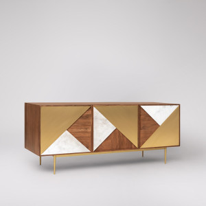 Sideboard Acacia Wood with Brass & Marble Inlay