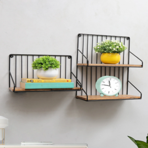 Wall Shelves - Set of 2 Modern Metal & Wood Floating Shelves