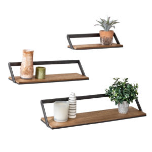 Wall Shelves Set of 3 Floating – Rustic Wood & Metal Hanging Storage