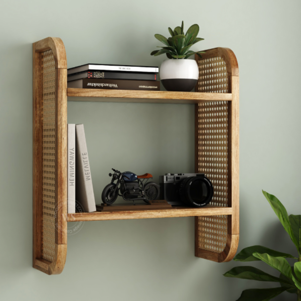 Wall Shelf Mango Wood and Cane - Boho Chic Display