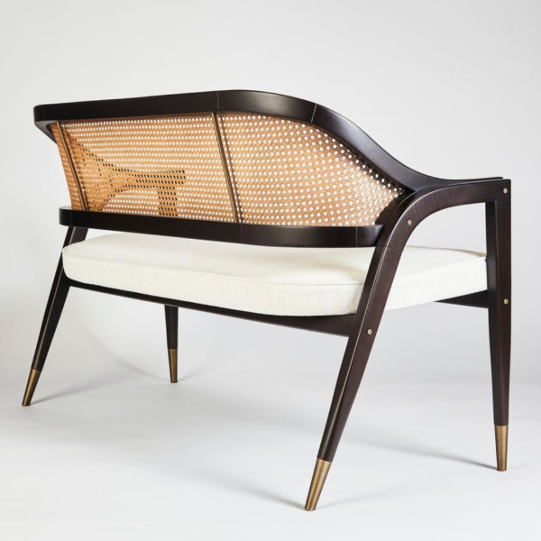 Bench Elegant Wooden with Rattan Backrest & Upholstered Seat