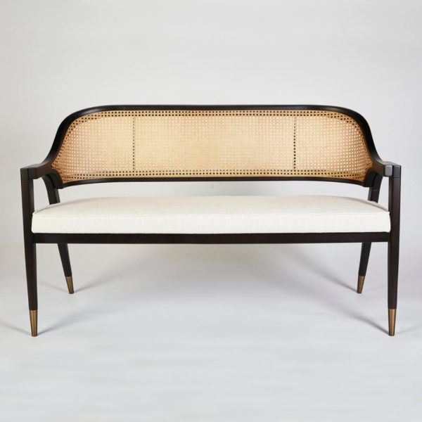 Bench Elegant Wooden with Rattan Backrest & Upholstered Seat