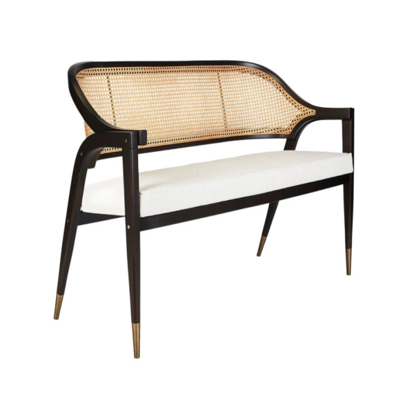 Bench Elegant Wooden with Rattan Backrest & Upholstered Seat